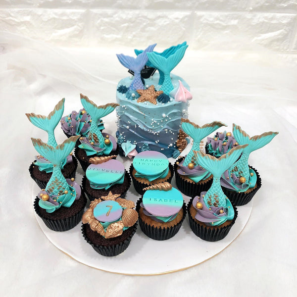 4" tall cake and cupcake platter (Mermaid theme)