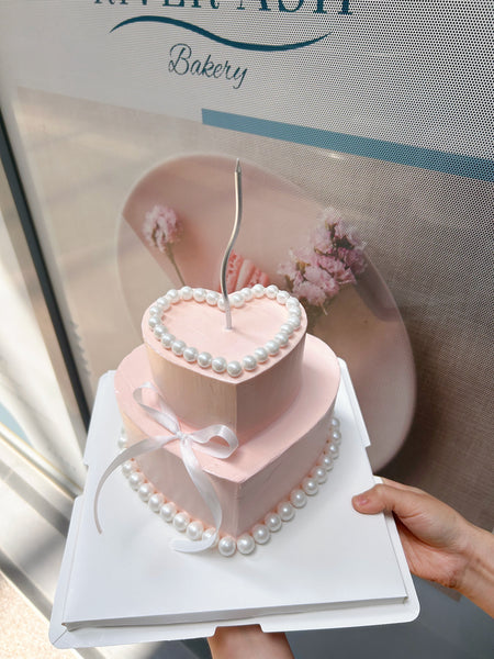 Blushing Pearl Ribbon Heart shape Cake