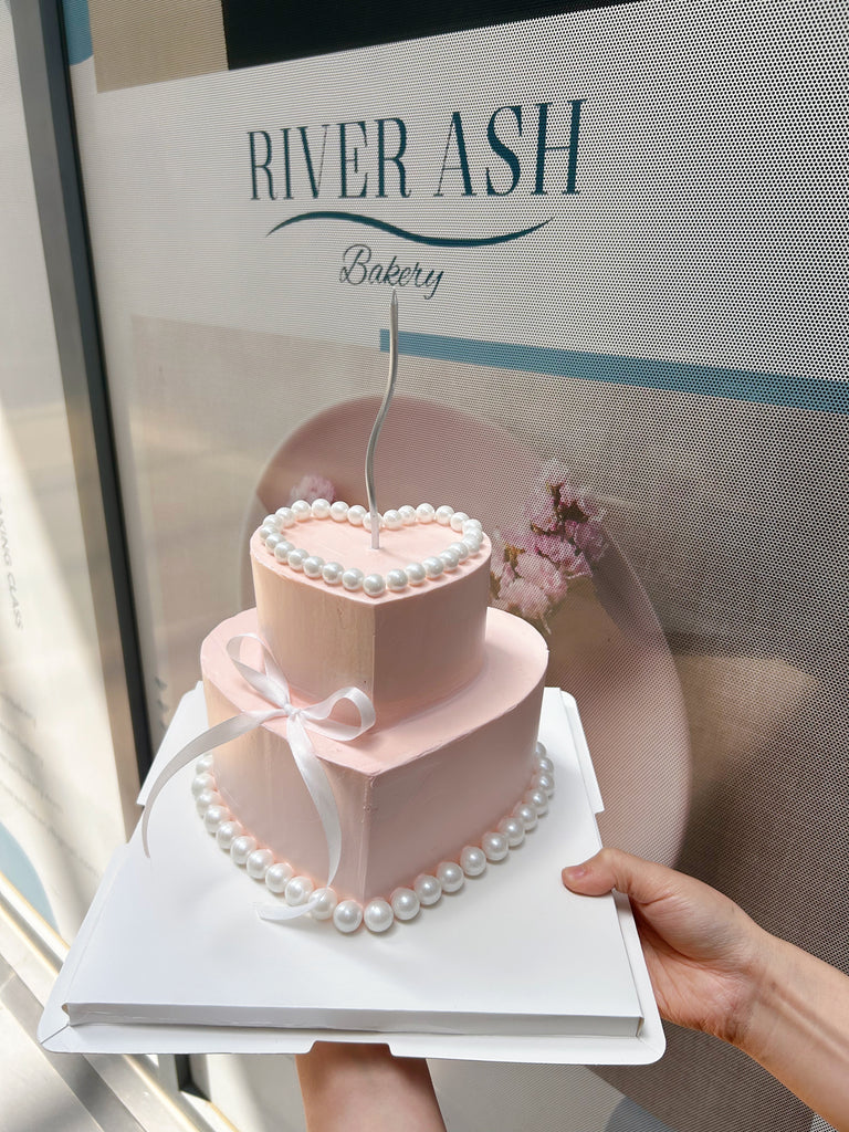 Blushing Pearl Ribbon Heart shape Cake