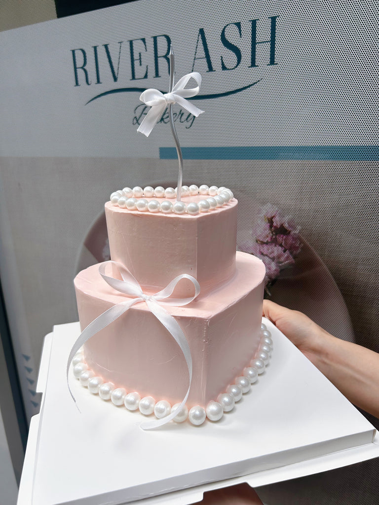 Blushing Pearl Ribbon Heart shape Cake
