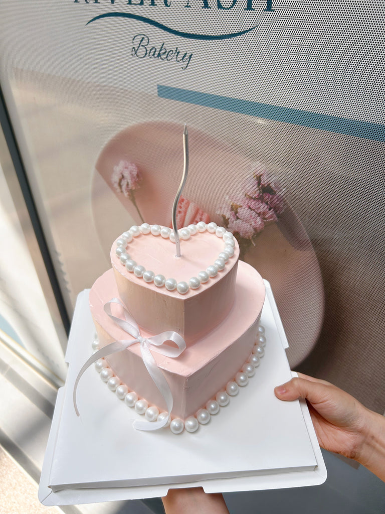 Blushing Pearl Ribbon Heart shape Cake