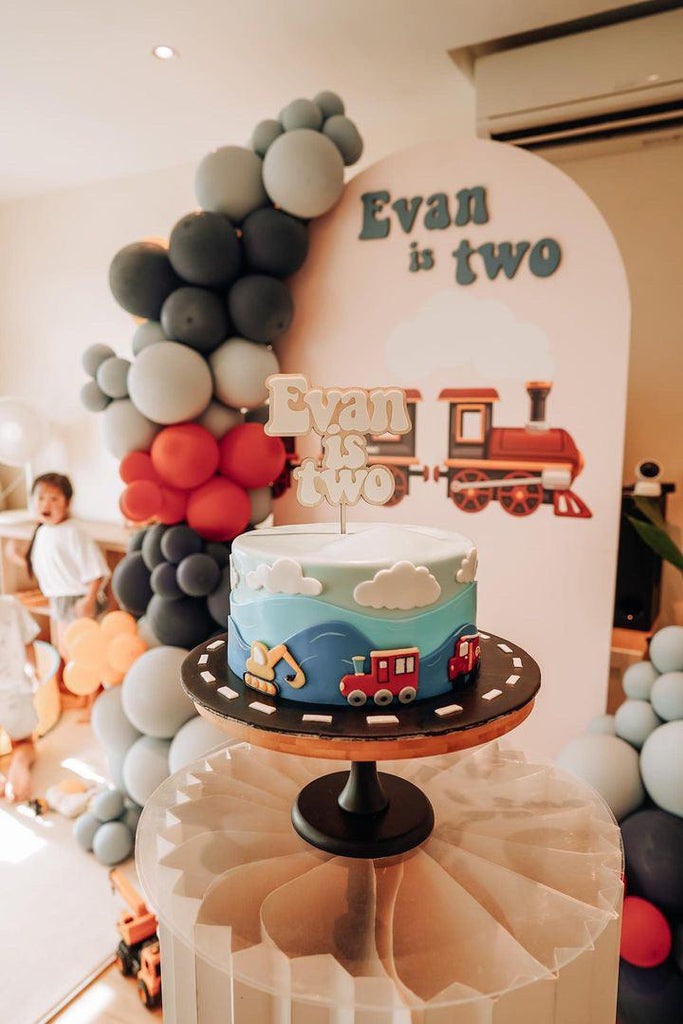 Fondant Train, Excavator and Fire truck Cake