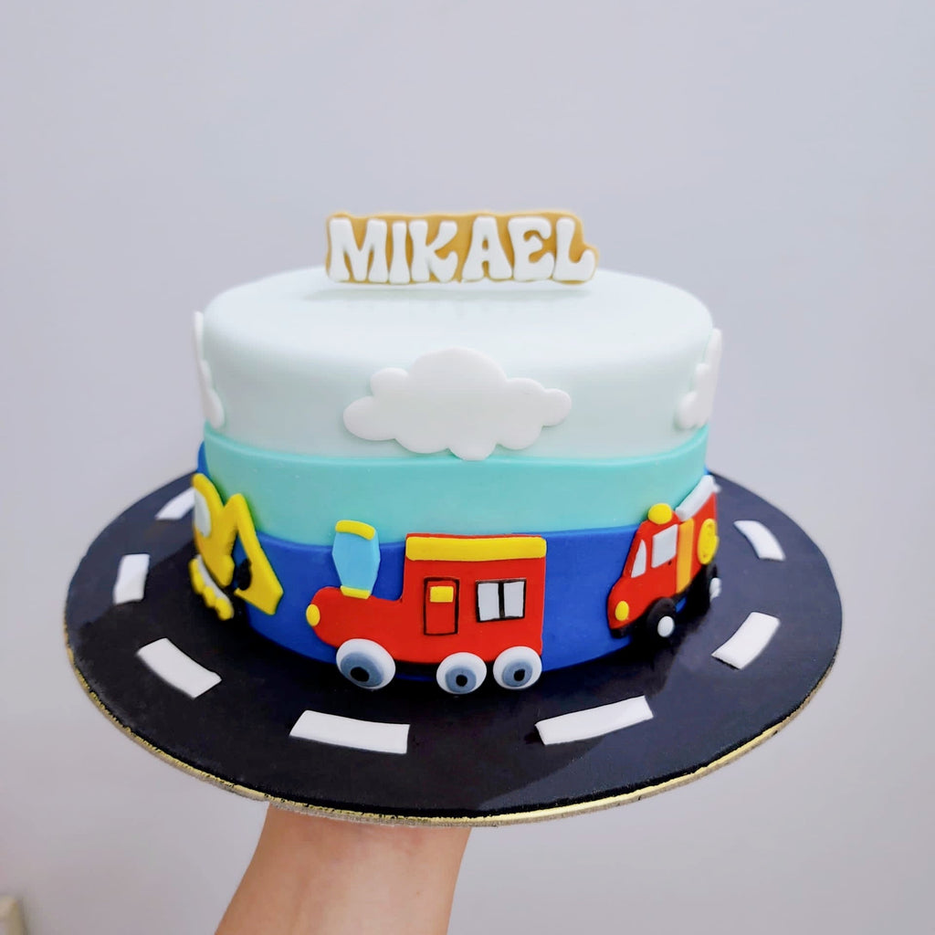 Fondant Train, Excavator and Fire truck Cake