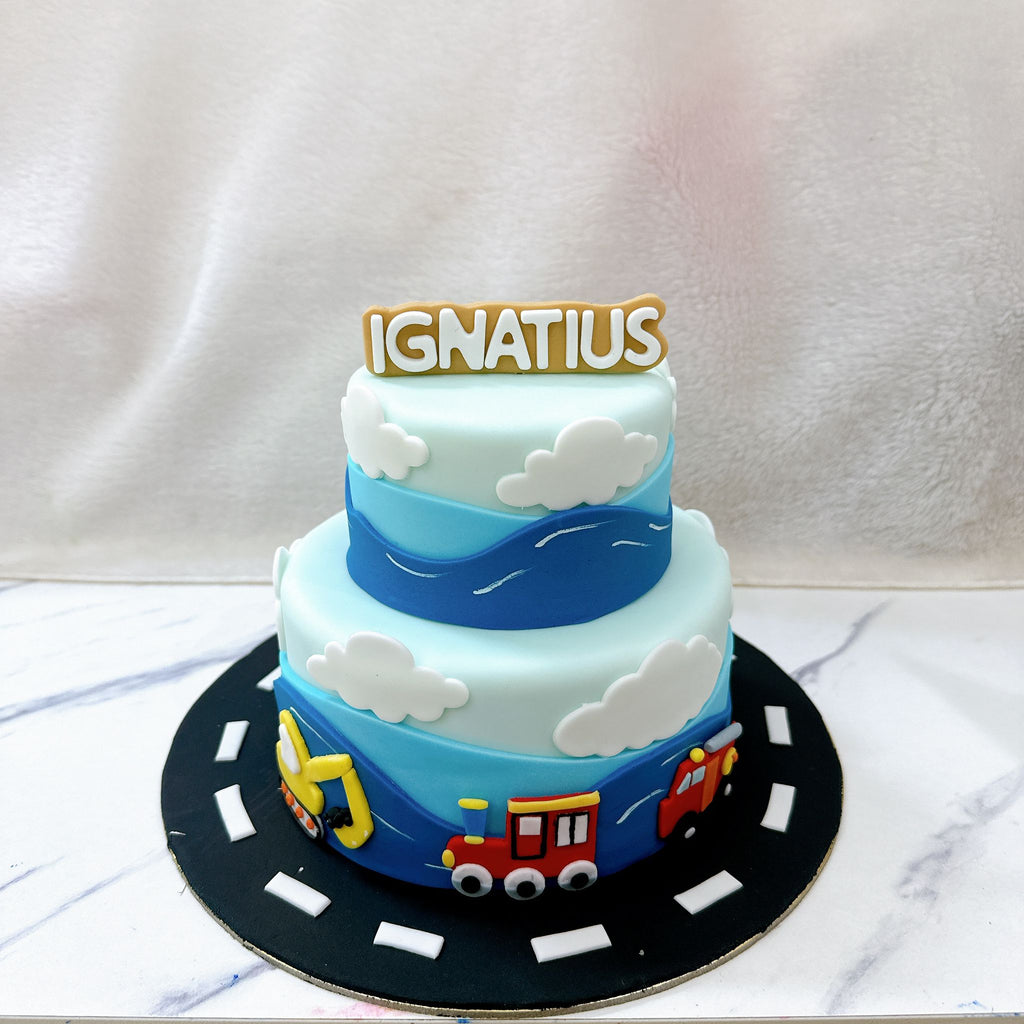 Fondant Train, Excavator and Fire truck Cake