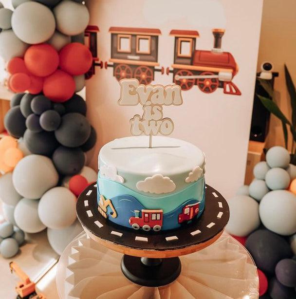 Fondant Train, Excavator and Fire truck Cake