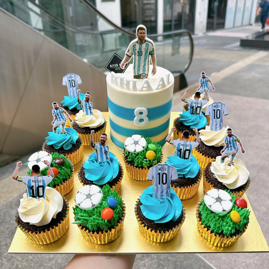 4" Tall cake and Cupcake Platter Soccer Messi Player