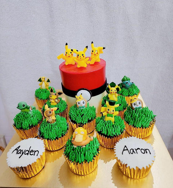 4" tall pikachuu cake and pokemon cupcake platter