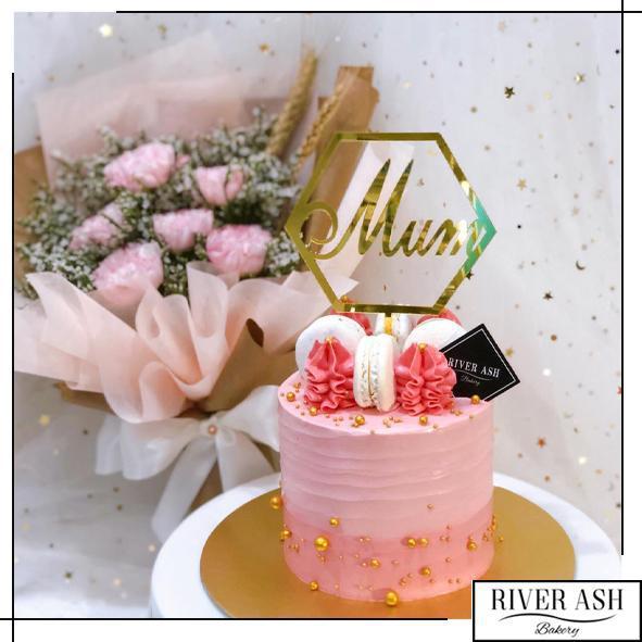 Mother's Day Special (4" Tall Gold Pearl Pink Cake + Carnation Bouquet)