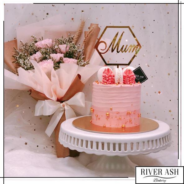 Mother's Day Special (4" Tall Gold Pearl Pink Cake + Carnation Bouquet)